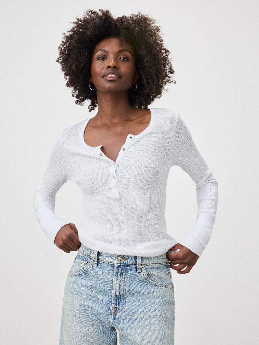 SPLENDID Forever White Micro Modal Cotton Waffle Knit Henley T-Shirt, Size S